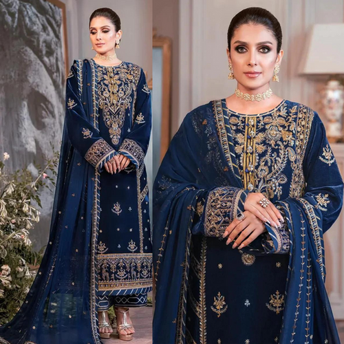 Miraal 959-3PCs Embroidered Velvet With Embroidered Chiffon Dupatta