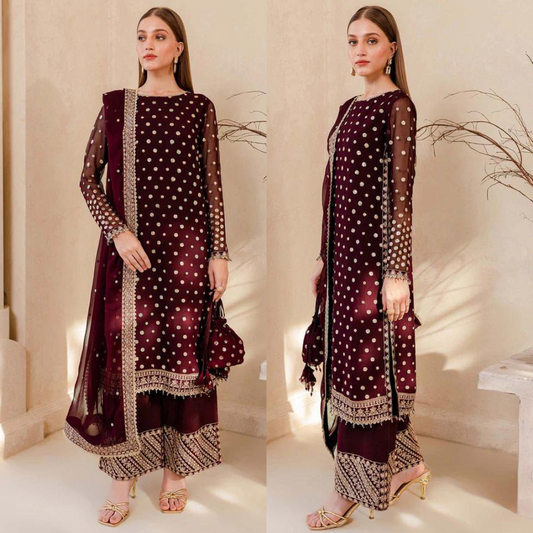 Miraal 960-3PC Embroidered Velvet Dress With Embroidered Organza Dupatta