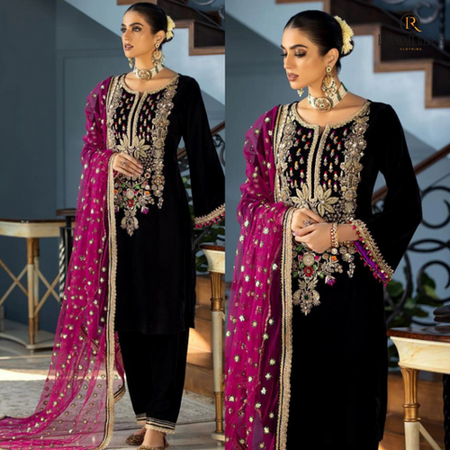 Miraal 964-3PCs Velvet Dress With Embroidered Organza Dupatta
