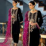 Miraal 964-3PCs Velvet Dress With Embroidered Organza Dupatta