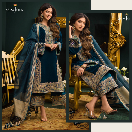 Miraal 300 3PC Velvet Embroidered Shirt With Organza Dupatta