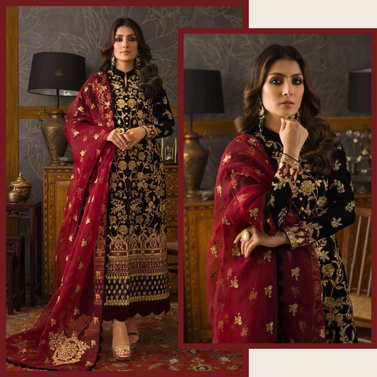 Miraal 299 3PC Velvet Embroidered Shirt With Organza  Embroidered Dupatta