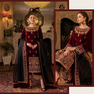 Miraal 617 3PC Velvet Embroidered Shirt With Organza Embroidered Dupatta
